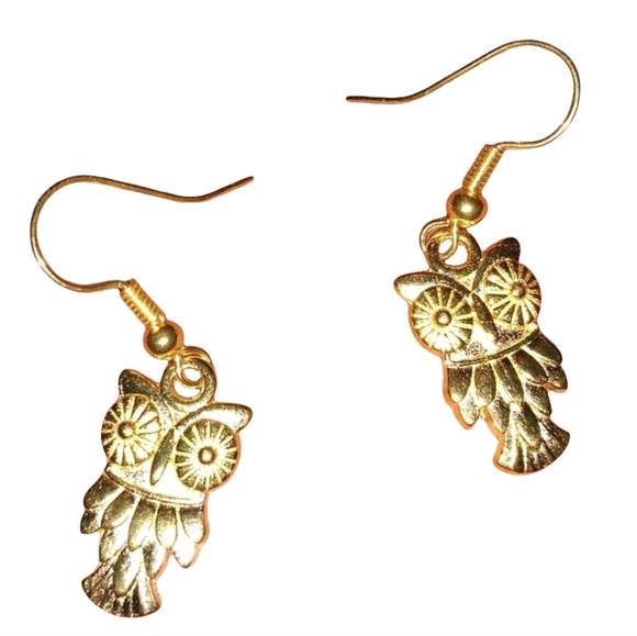 Little Owls Earrings Big Eyes Owl Lovers Gold Charms Dangle Charm New Handmade - Picture 1 of 8